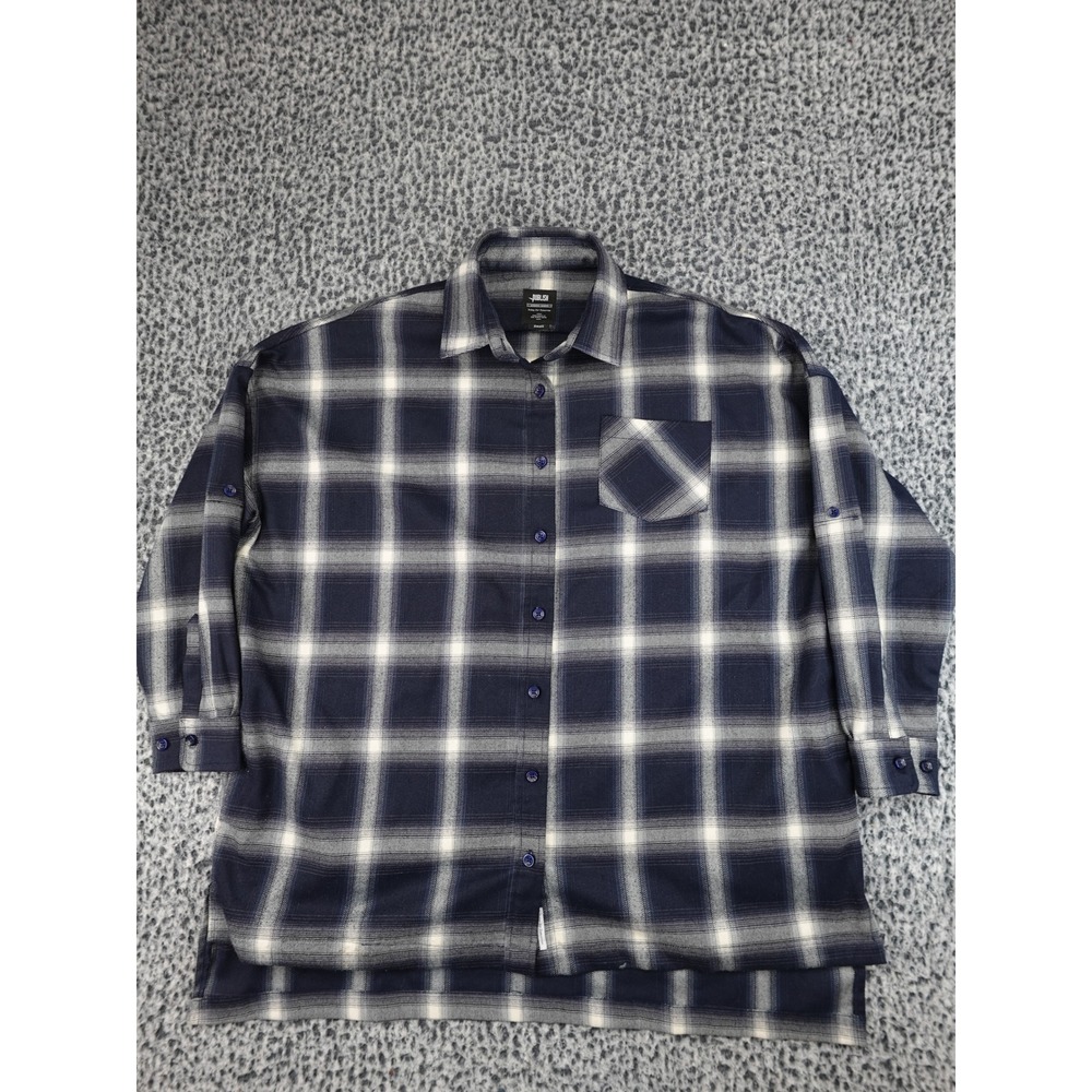 Publish Button Up Shirt Women Small Navy Blue Plaid Roll Tab Sleeve Oversized